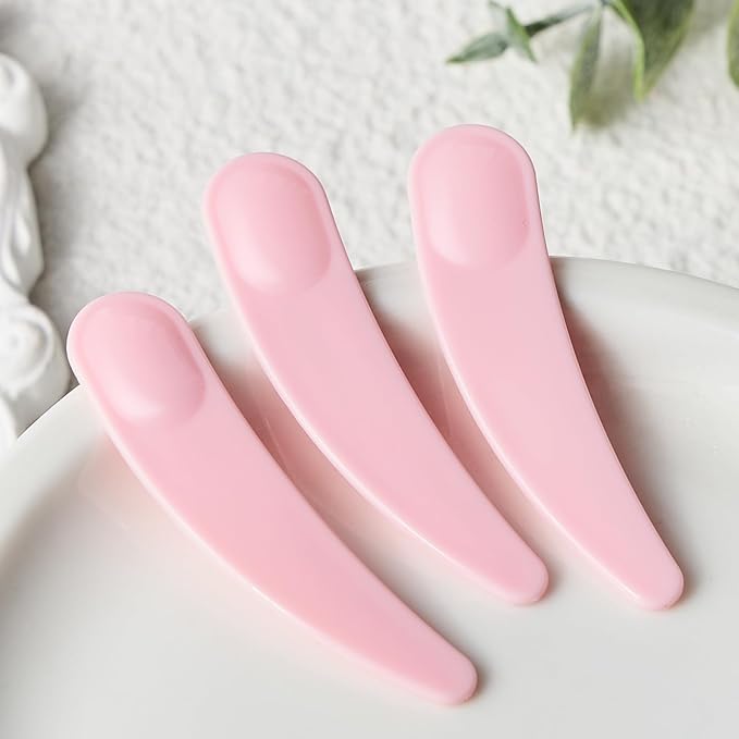 TUZAZO 200pcs Mini Spatula for Cosmetics, Bulk Disposable Makeup Spatulas Mini Plastic Makeup Scoop Spatulas for Cosmetic Mixing and Sampling (Pink with Storage Box)
