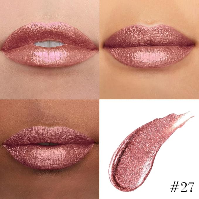 evpct Nude Gold Metallic Glitter Lip Liner and Lipstick Combo Lip Gloss Stain Set Makeup for Women Long Lasting Waterproof 24, Non Stick Cup Metal Shine Shiny Shimmer Iridescent Liquid Lipstick 27