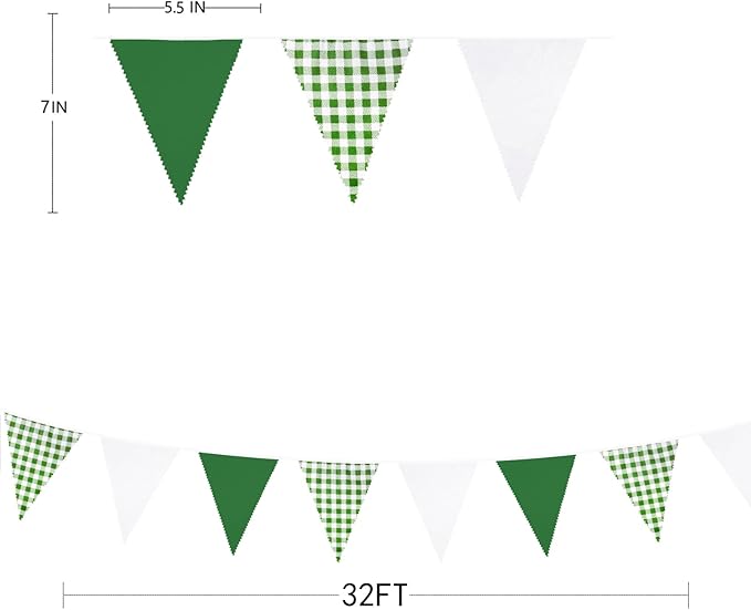 32Ft Green Party Decorations Green Buffalo Plaid Checkered White Triangle Flag Gingham Pennant Bunting Fabric Garland for Wedding Birthday Picnic BBQ Outdoor Golf Party Dinosaur Arbor Day Decorations