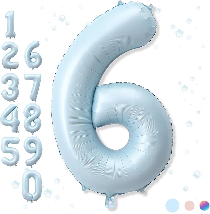 40 Inch 6 Balloon Number, Large Pastel Baby Sky Blue Foil Number 6 Balloons Birthday Party Decor, Light Powder Blue Helium Mylar Self Inflating Balloon for Boys Kid 6th Birthday Anniversary Decoration