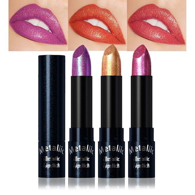 3Pcs Metallic Lipstick for Women,Lightweight Non-Drying Shimmer Frosted Lipsticks Kit Set,Glitter Lip Gloss Stain Long Lasting Waterproof No Smudge Proof No Transfer 12 Hour,Cruelty-Free Makeup (C)