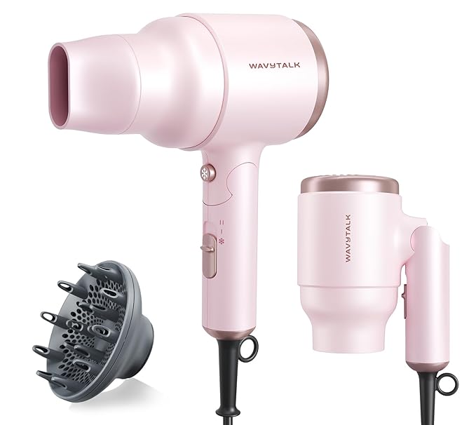 Wavytalk Blow Dryer with Diffuser, Mini Hair Dryer with Folding Handle, 1600W Quiet Lightweight Hairdryer with Diffuser Compact Design, Pinky White