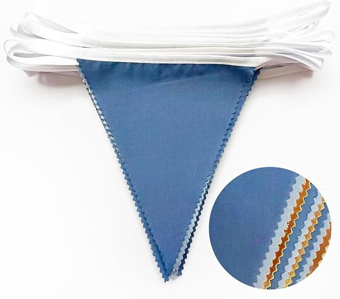32Ft Dusty Blue Gold Party Decorations Dusty Blue Gold Triangle Banner Flag Pennant Fabric Garland Streamers for Nautical Birthday Ahoy Achor Bridal Baby Shower Sea Summer Graduation Party Decor