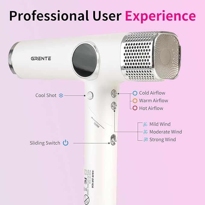 Portable Travel Hair Dryer, 110,000 RPM High-Speed Ionic Hair Dryers,Negative Ion Blow Dryer,4 Heat Settings & 3 Speed, Magnetic Diffuser & Concentrator,Low Noise, Lightweight, No Heat Damage