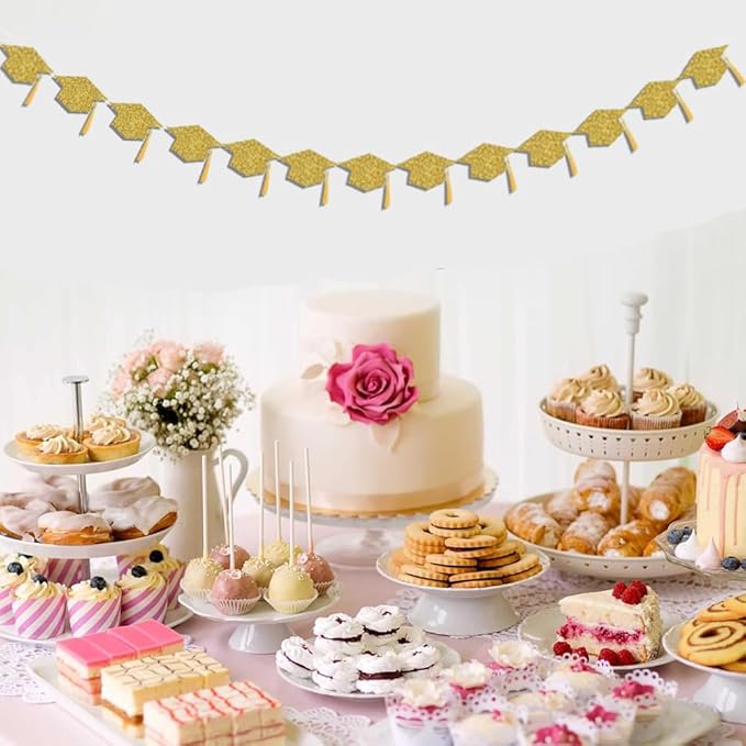 2025 Graduation Hats Decoration Banners Gold Glitter Graduation Cap with Tassel Banners Garlands Class of 2025 Graduate Party Banners for College High School Party Decorations