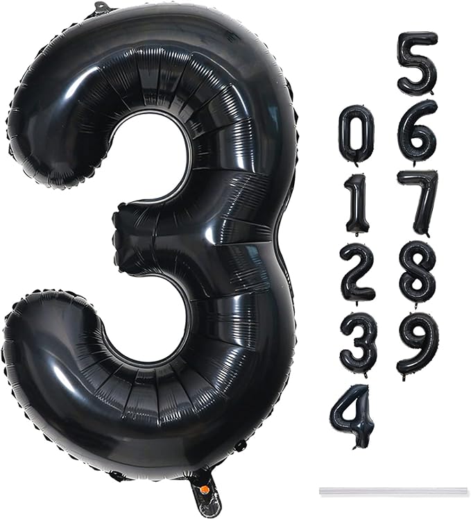 40" Black Number 3 Balloon for Birthday Party Decorations, Large Self Inflating Helium Foil Number Balloons Set 0-9 for Women Men 30th Birthday Graduation 3rd Anniversary Party Decorations Supplies