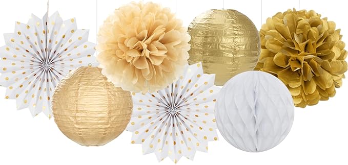 White Gold Party Decorations Streamers - 14pcs Christmas Wedding Engagement Paper Lanterns Fan,Tissue Pom Poms,Honeycomb Balls,Bachelorette Neutral Birthday Baby Bridal Shower Decor Lasting Surprise