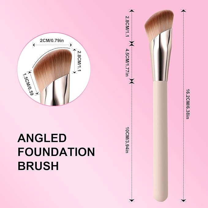 Angled Foundation Brush for Liquid, 16.2CM/6.4in Angle Contour Brush Kabuki Makeup Brushes with Soft Dense Synthetic Bristles Face for Liquid, Buffing, Contouring, Bronzer, BB Cream, Blending (Pink)