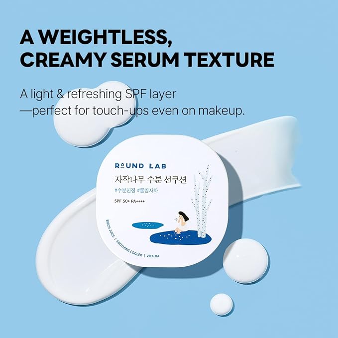 Round Lab Birch Juice Moisturizing UV Lock Sun Cushion, SPF50+ Broad Spectrum, 0.52 oz | Mineral Sunscreen for Sensitive Skin, Clean, Non-Toxic UV Protection for On-the-Go, Moisturizing&No White Cast