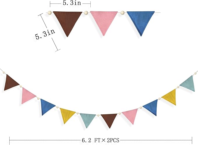 2 Sets of Wood Beads Boho Pennant Banner 20pcs Retro Colored Nursery Garland Fabric Linen Triangle Streamers Flags for Kids Birthday Baby Shower Classroom Baby Room Decor Boho Party Decorations