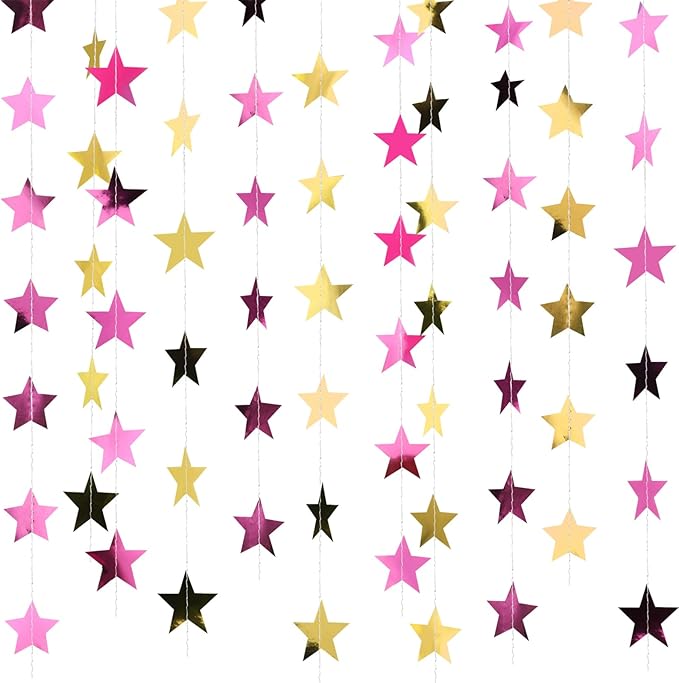 Patelai 78 Feet Glitter Star Garland Banner Decoration Hanging String Star New Year Eve Party Supplies Gold Black Party Decor for 2026 New Year Valentines Wedding Birthday (Gold and Pink)