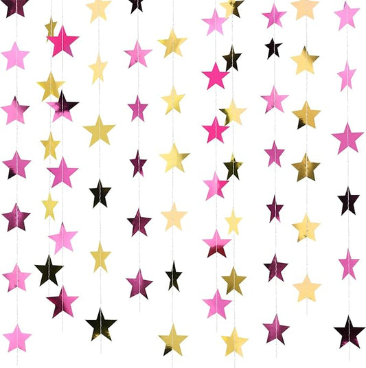Patelai 78 Feet Glitter Star Garland Banner Decoration Hanging String Star New Year Eve Party Supplies Gold Black Party Decor for 2026 New Year Valentines Wedding Birthday (Gold and Pink)
