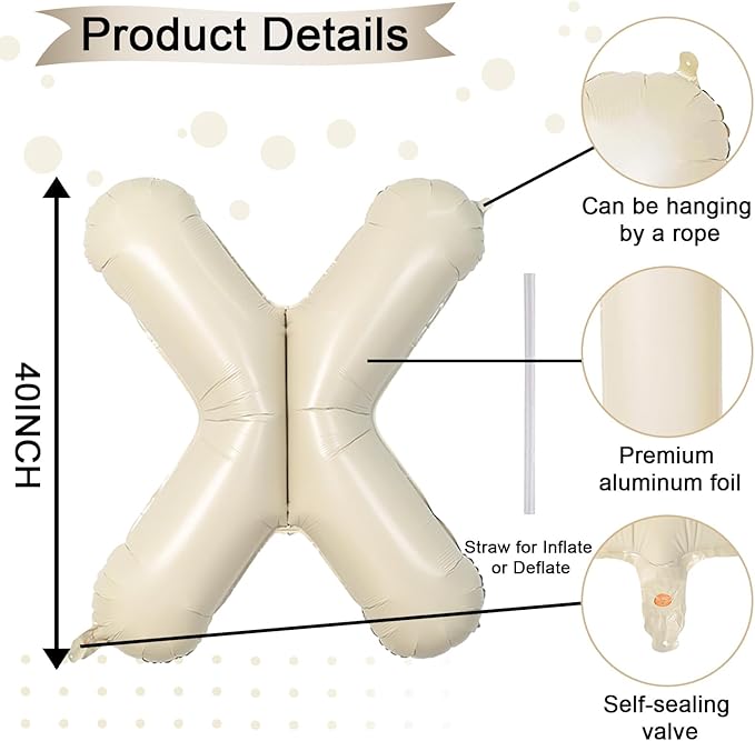 40 Inch Letter Balloons X, Big Custom A-Z Alphabet Foil Name Balloon Cream White, Self Inflating Beige Customize Helium Balloon Letters X for Women Girls Birthday Bride Baby Shower Party Decorations