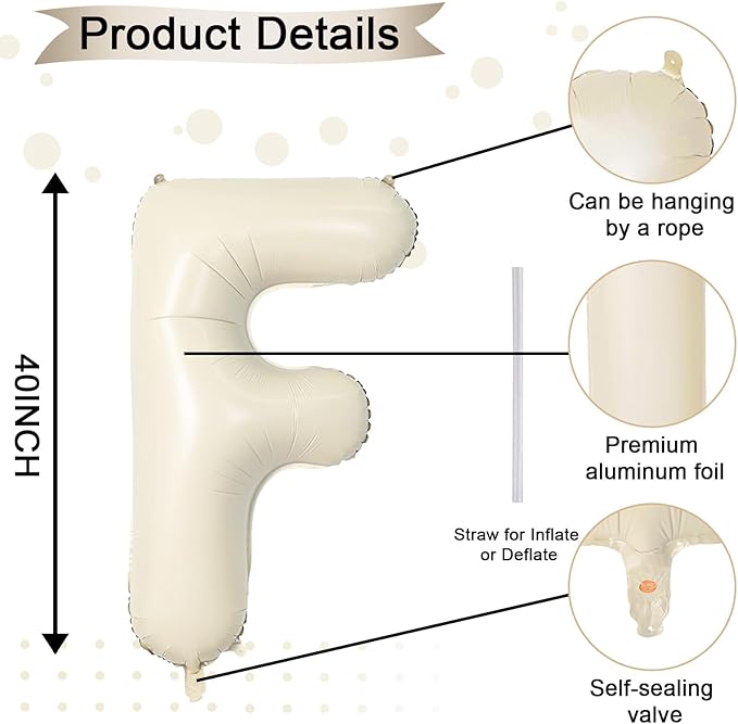 40 Inch Letter Balloons F, Big Custom A-Z Alphabet Foil Name Balloon Cream White, Self Inflating Beige Customize Helium Balloon Letters F for Women Girls Birthday Bride Baby Shower Party Decorations