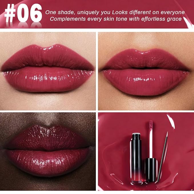evpct Berry Burgundy Red Shiny Longwear No-Budge Liquid Lip Color Lipstick Makeup, Highly Pigmented Instant Shine, Waterproof Long Lasting Lipstick Women, Lip Stain Gloss with Lip Liner Brush, 06#