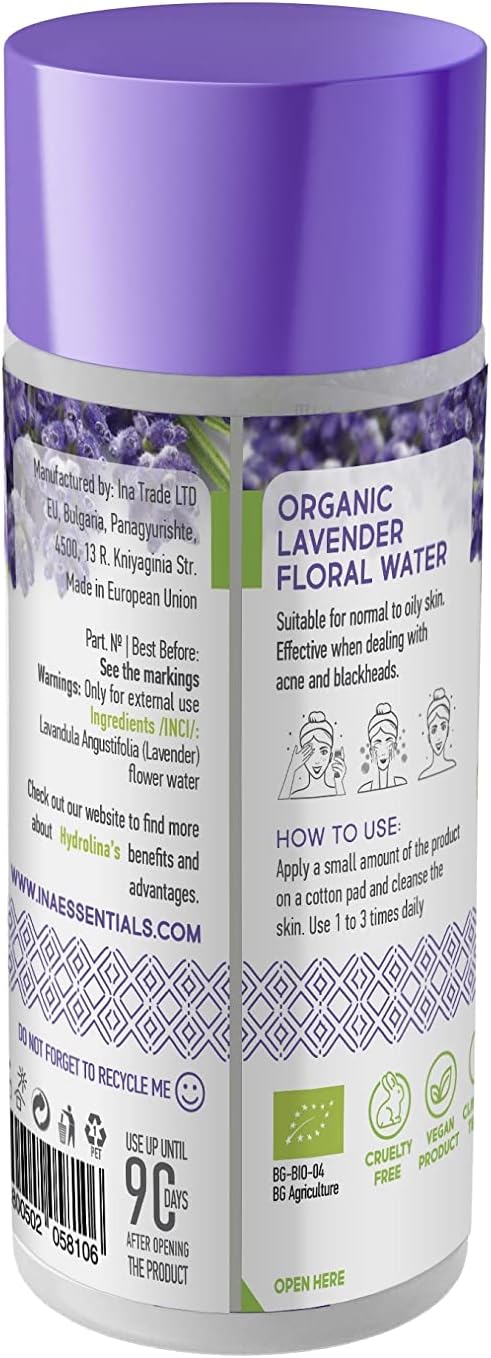 InaEssentials Organic Lavender Water- Hydrolina, Anti - Acne Toner for Face and Body, Skin Care Hydrolat