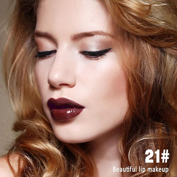 evpct Dark Brown Shiny Longwear No-Budge Liquid Lip Color Lipstick Makeup, Highly Pigmented Color Instant Shine, Waterproof Long Lasting Lipstick for Women, Lip Stain Gloss with Lip Liner Brush, 21#