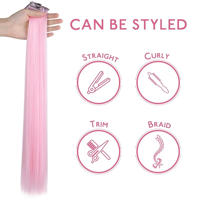 WENNALIFE 12 PCS Pink Hair Extensions Clip in, Colored Clip in Hair Extensions for Kids Highlights Rainbow Hair Clips for Girls Synthetic Straight Pop-up Style Colorful Festival Girls Hair Accessories