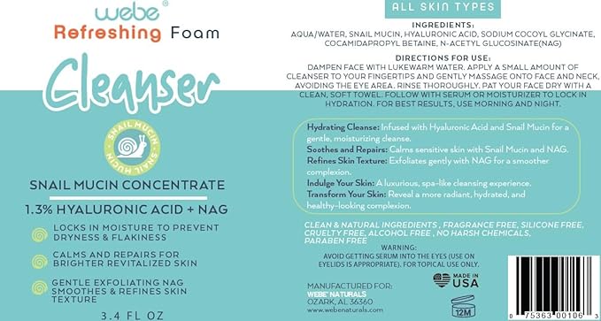 WEBE Refreshing Gentle Foam Cleanser | Snail Mucin, Hyaluronic Acid, N-Acetyl Glucosamine | Hydrating & Soothing Formula for Radiant, Moisturized Skin | Natural Skincare for all Skin Types