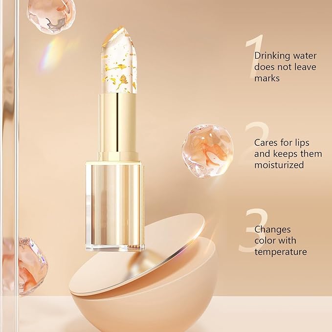 2PCS Transferproof Color Changing Lipstick, Clear Gold Crystal Colors Changing Lipsticks for Women, Long Lasting Moisturizing Glossy Shine Lip Gloss, Deep Nourishment Formula