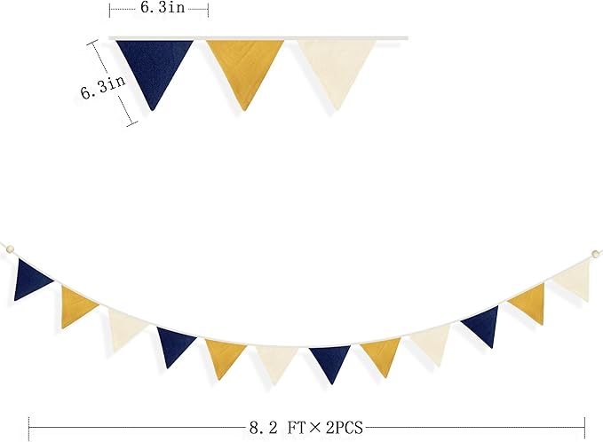 2 Sets of Blue Yellow White Nursery Garland 24Pcs Yellow Blue Fabric Linen Pennant Banner Flags Triangle Streamers for Baby Playroom Decor Kids Boys Birthday Baby Shower Grad Party Decorations