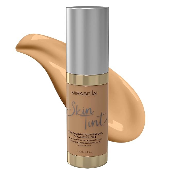 Mirabella Skin Tint Creme Liquid Foundation Makeup, Oil-Free Mineral Foundation for Medium Coverage - w/Hyaluronic Acid, Squalane, & Allantoin for All Skin Types - IIIW Warm