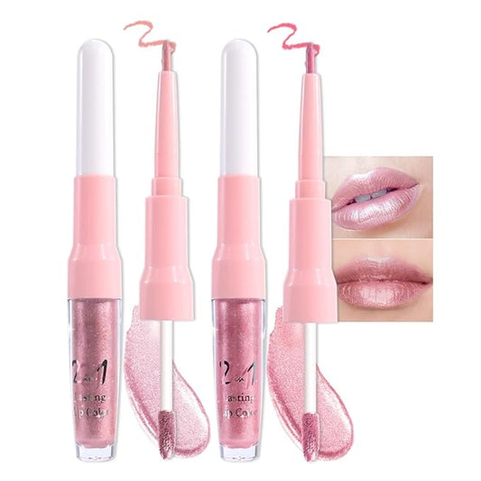 evpct 2Pcs Rose Gold Mauve Metallic Glitter Lip Liner and Lipstick Combo, Shimmery Lip Gloss Stain Set Makeup for Women Long Lasting Waterproof 24, Metallic Shimmer Iridescent Glossy Liquid Lipstick