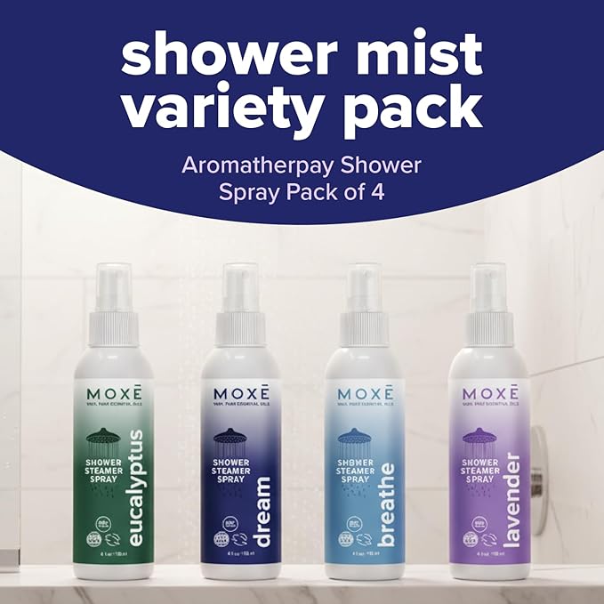 MOXE Aromatherapy Shower Mist Variety Pack, Eucalyptus, Lavender, Breathe and Dream, Spa Steam Spray, Natural 100% Essential Oils, Made in USA, Aromatherapy, Sinus Congestion Relief, 4 Pack (8oz)