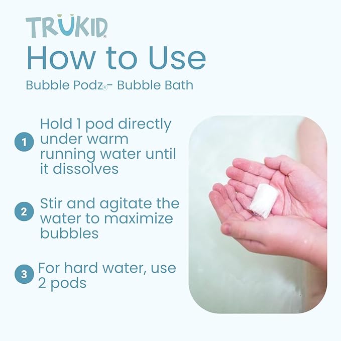TruKid Bubble Podz Bubble Bath for Kids, Toddlers, & Babies, Tear Free Gentle & Refreshing Bath Bomb for Sensitive Skin with Natural Moisturizers, Non-Toxic, pH Balanced, Eucalyptus Scent (24 Podz)