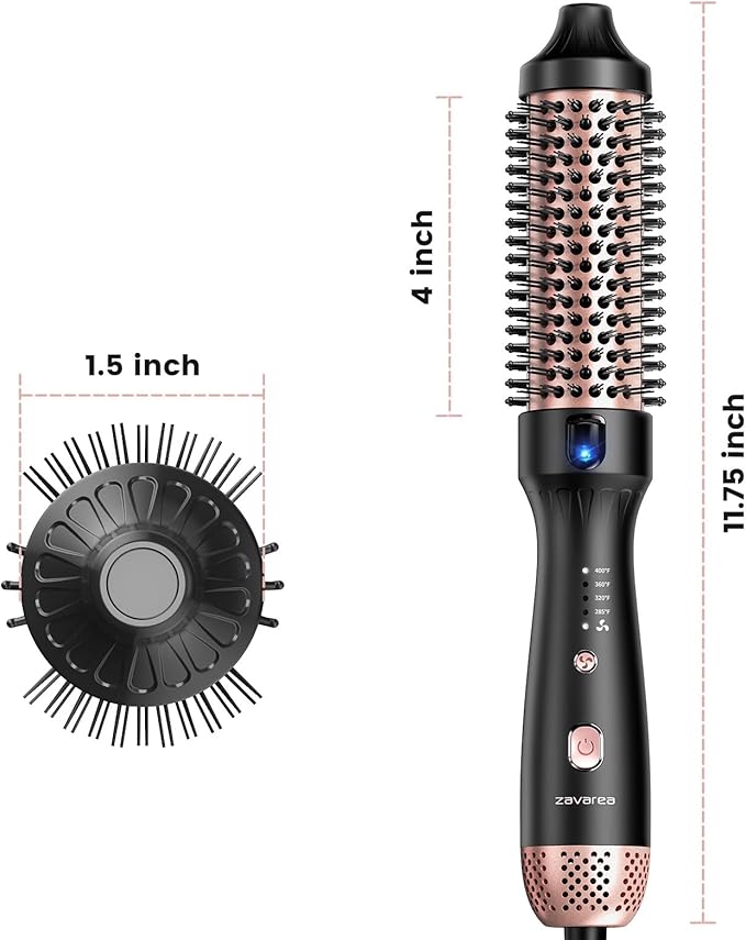 Zavarea Thermal Brush, 1.5 Inch Heated Round Brush for Blowout Look, Hot Styler with 800M Negative Ions & Ceramic for Less Damage & Frizz, Boosts Shine & Easy to Use, Dual Voltage, Elegant Black