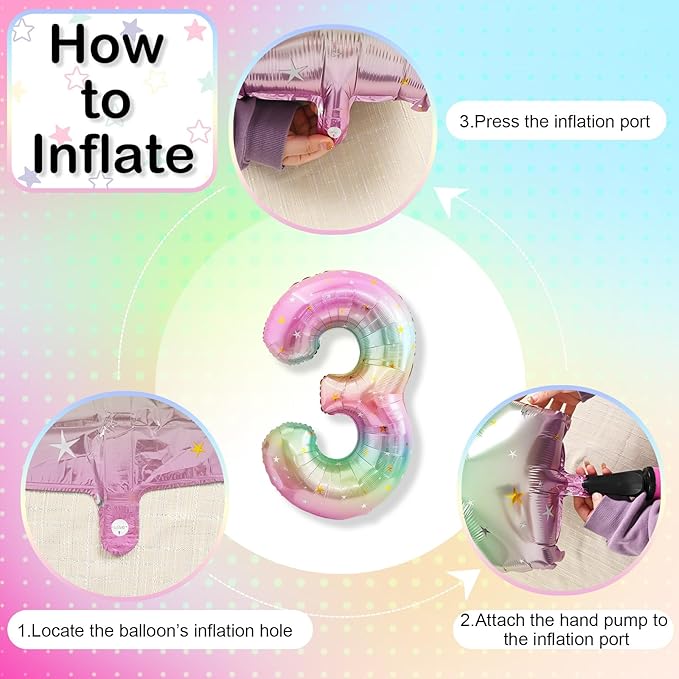 3rd Birthday Balloons for Girls, 40‘’ Foil Self Inflating Rainbow Stars Number 3 Balloon, Large Colorful Multicolor 3 Balloon Number for Kids 3 Yeal Old Birthday Party Decor Anniversary Decorations