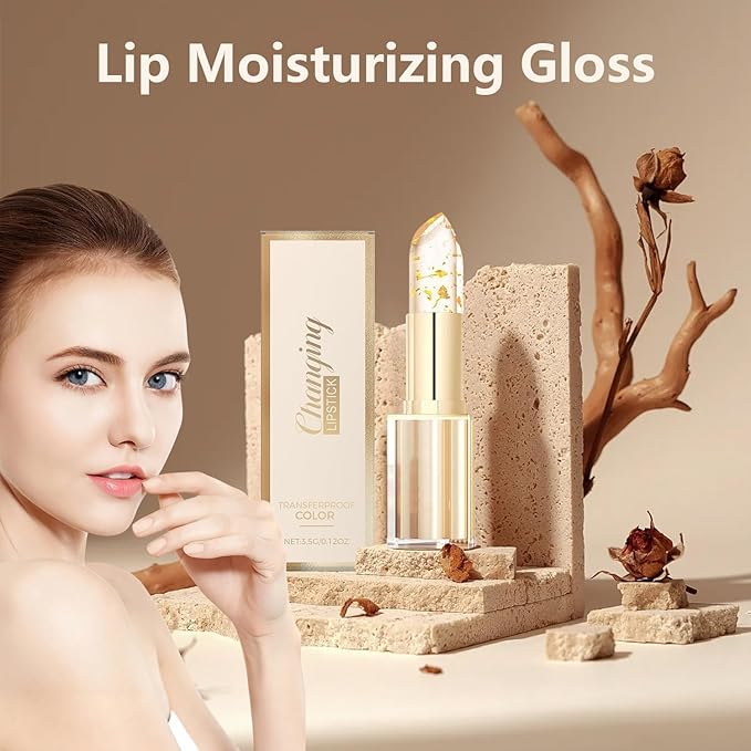 2PCS Transferproof Color Changing Lipstick, Clear Gold Crystal Colors Changing Lipsticks for Women, Long Lasting Moisturizing Glossy Shine Lip Gloss, Deep Nourishment Formula