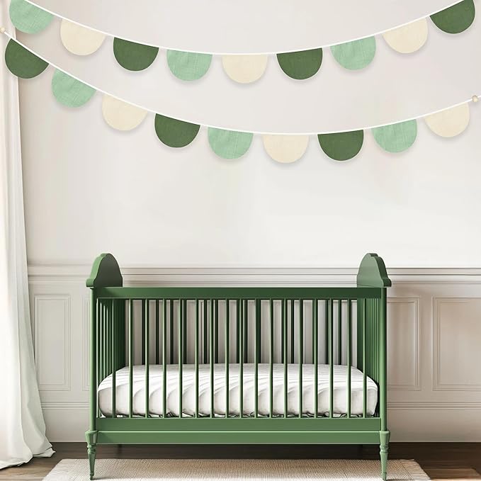 2 Sets of Sage Green Half Round Banner 18Pcs Nursery Garland Flags Olive Green Fabric Semicircle Streamers for Baby's Room Decor Kids Jungle Safari Summer Birthday Baby Shower Boho Party Decorations
