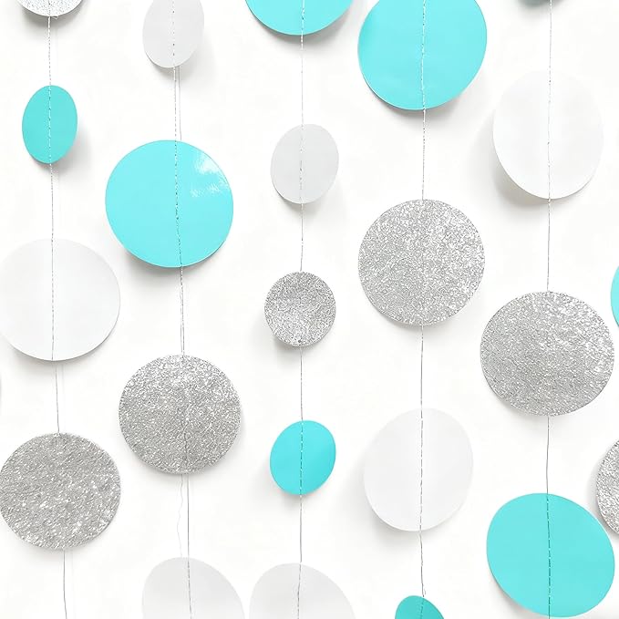 Teal Blue Silver White Party Polka Dot Garland Banner Aqua Turquoise Glitter Silver White Hanging Paper Circle Dots Streamer for Birthday Baby Shower Wedding Bridal Shower Party Decorations Supplies