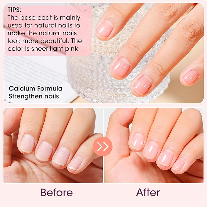 GELLEN Clear Nail Polish Base Coat Sheer Tinted Pink, Natural Color Regular Nail Polish, Calcium Formula Strengthens Nails, Enhances Natural Look, Quick Air Dry, Hema Free, Non-toxic, Anti-yellowing