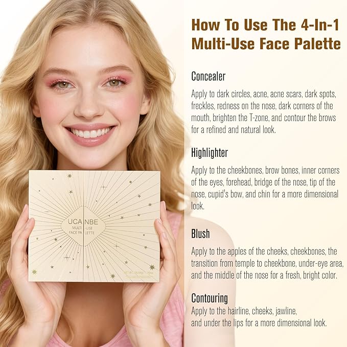 UCANBE 26 Colors 4-in-1 Multi-Use Face Palette, Long-Lasting Makeup Palette with 8 Concealers, 6 Contours, 6 Highlighters and 6 Blushes All In One Palette, High Coverage and Travel-Friendly