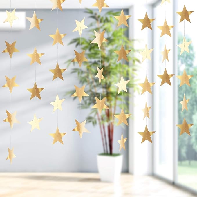 Patelai Glitter Star Garland Banner New Years Decor 130 Feet Star Hanging Banner Twinkle Backdrop for Birthday Classroom Wedding Halloween Christmas Party Supplies(Champagne Gold)