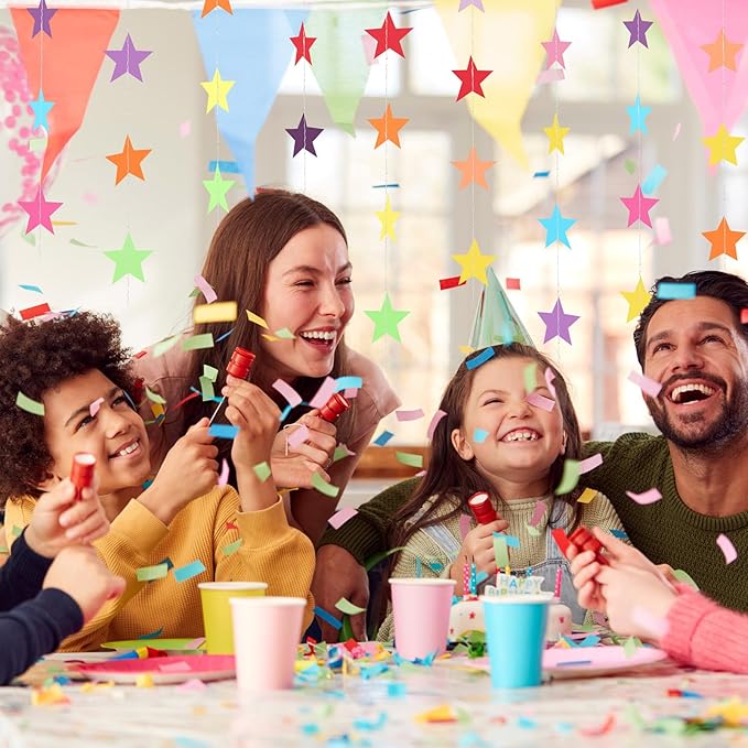 Patelai 130 Feet Glitter Star Garland Banner Decoration Hanging String Star New Year Eve Party Supplies Gold Black Party Decor for 2026 New Year Valentines Wedding Birthday (Colorful)