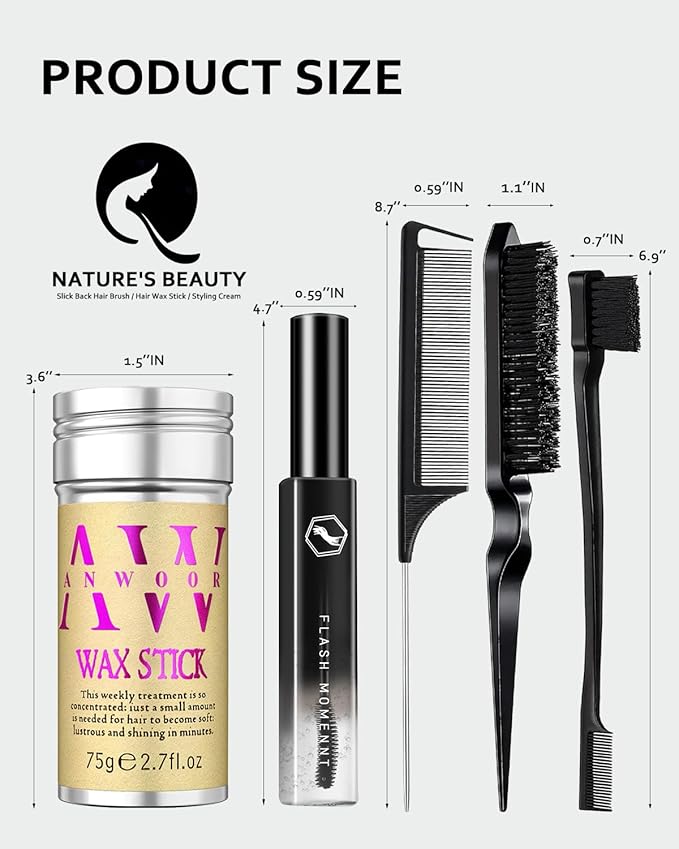 5Pcs Set: Hair Wax Stick, Hair Finishing Stick, Slick Back Hair Brush - Smooths Flyaways, Tames Frizz, Sleek Ponytails Buns - Taming Wand for Women Style Edges - Styling Accessories for Girls & Kids