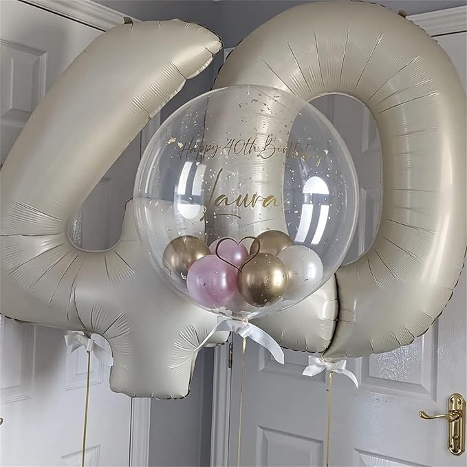 40 In Cream Large Numbers Balloons 0-9, Self Inflating White Sand Foil Number 0 Helium Balloons for Boys Girls, Big Beige Digit 0 Balloons for Women Men Birthday Party Anniversary Supplies Decorations