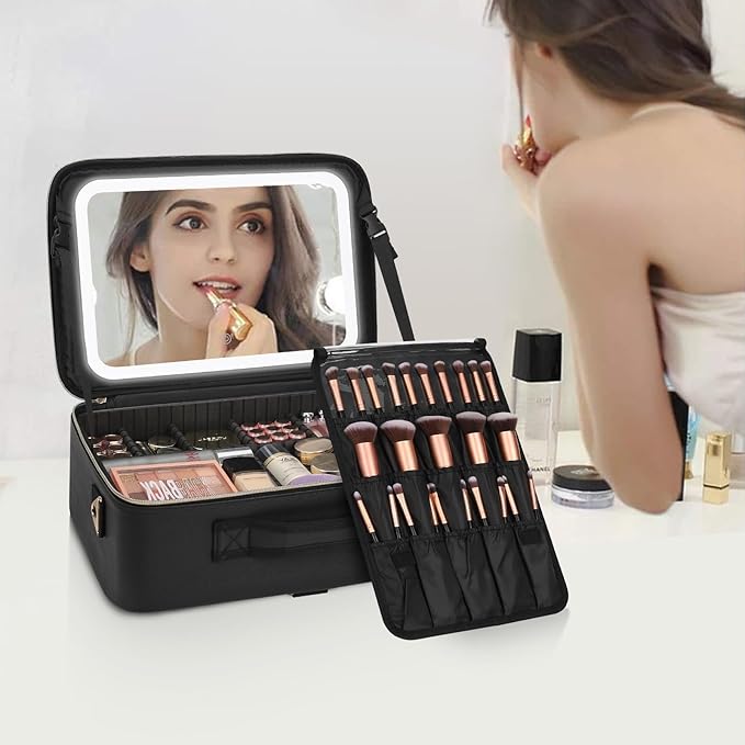 Relavel Makeup Bag with LED Mirror, Large Capacity Travel Cosmetic Organizer with Adjustable Compartments, Brush Holder & Detachable Strap, Black Storage Box for Makeup Artists