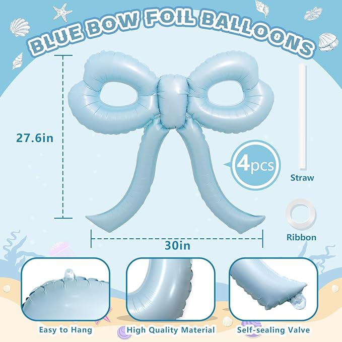 4 Pcs Baby Blue Bow Balloons Bow Birthday Party Decorations for Girl Women Bow Decor Blue Birthday Decorations Giant Dusty Blue Balloons for Baby Shower Bridal Bachelorette Party Supplies