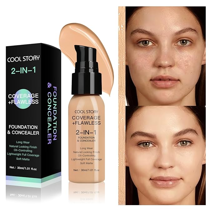 2-in-1 Foundation and Concealer Long Wear Natural Matte Finish Lightweight Coverage (Medium)