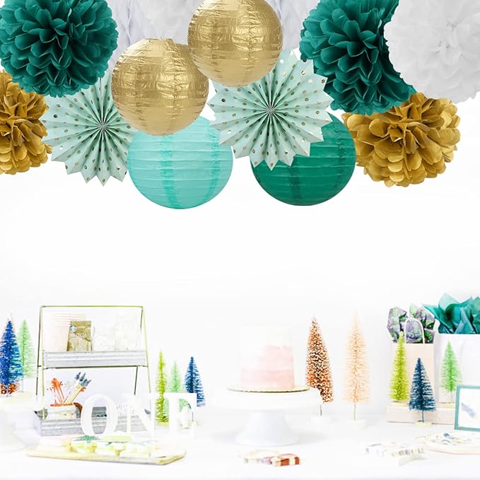 Sage-Green Teal-Gold Baby-Shower Party Decorations - 14pcs Rustic Wedding Paper Lanterns Fan,Tissue Pom Poms Streamers,Honeycomb Balls,Birthday Bachelorette Engagement Bridal Decor Lasting Surprise