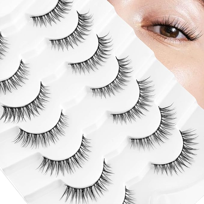 Short Natural Lashes Cat Eye Lashes NINGLASH False Eyelashes Natural Look Wispy Fake Eyelash 10mm Faux Lashes Strips 7 Pairs Lash Pack