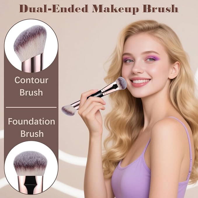Dual-Ended Foundation Contour Brush - Professional Kabuki Face Blending Makeup Brush for Bronzer, Liquid, Cream, Powder, and Blush