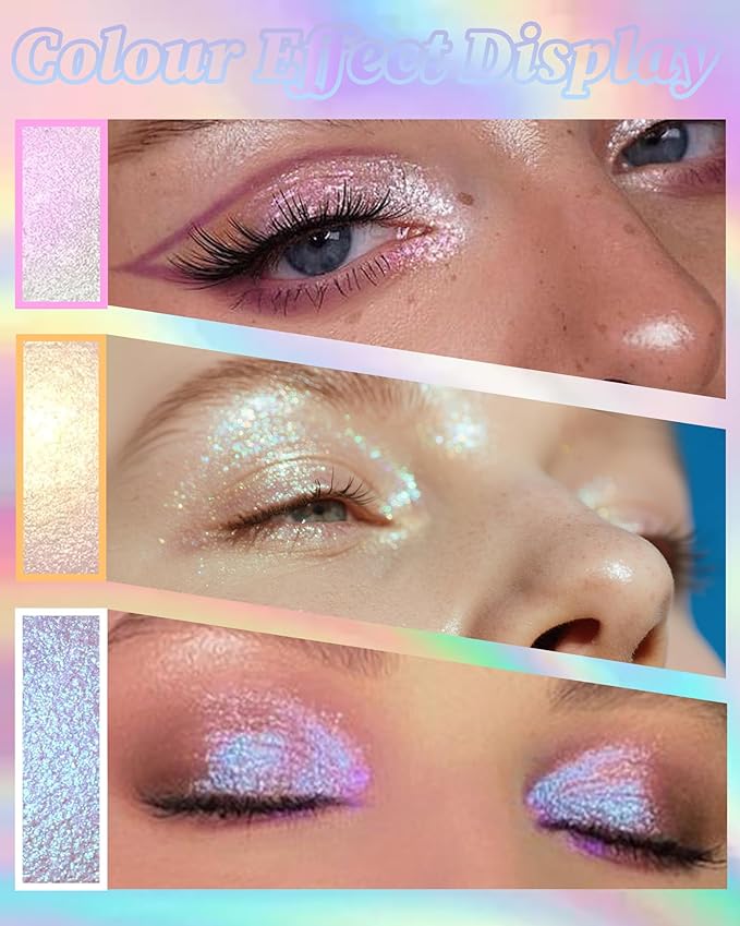 Glitter Holographic Eyeshadow Palette Multichrome Chameleon Face Highlighter, Sparkling Cream Color Shifting Single Eye Shadow Long Lasting Shimmer Inner Corner Eye Brightener Pink Mermaid Makeup-02