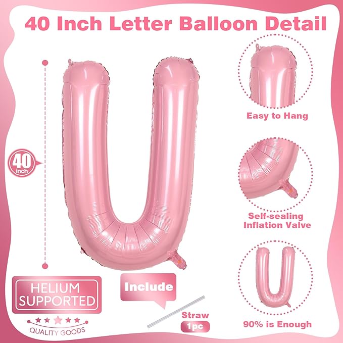 40 Inch Pastel Pink Letter Balloon U, Giant Custom Alphabet U Foil Balloon Baby Pink, Mylar Balloons Light Pink for Girls, Helium Alphabet U Balloons for Women Girls Birthday Party Decorations