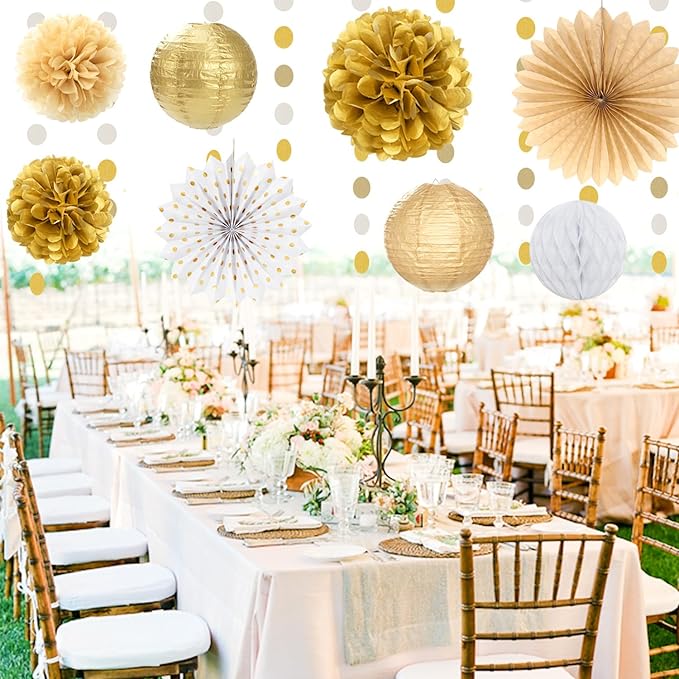 White Champagne Gold Birthday Party-Decorations - 21pcs Happy Birthday Banner,Paper Lanterns,Tissue Pom Poms Flower Fan,Honeycomb Ball,Swirl Streamers Garland Supplies Women Men Decor Huglony