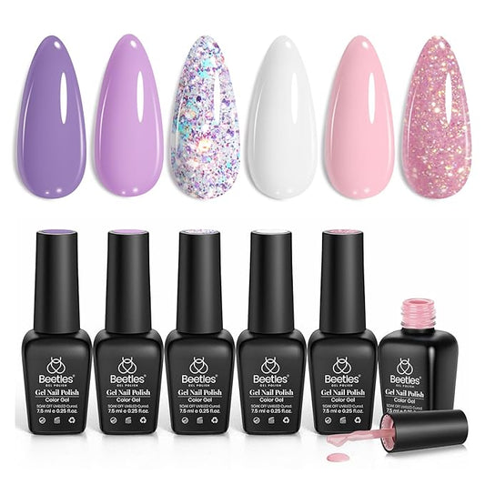 Beetles Purple Gel Nail Polish Set, 6 Colors Spring Glitter Pink Milky White Romantic Garden Collection Gel Polish, Soak Off Uv Led Lamp Cured Diy Manicure for Women